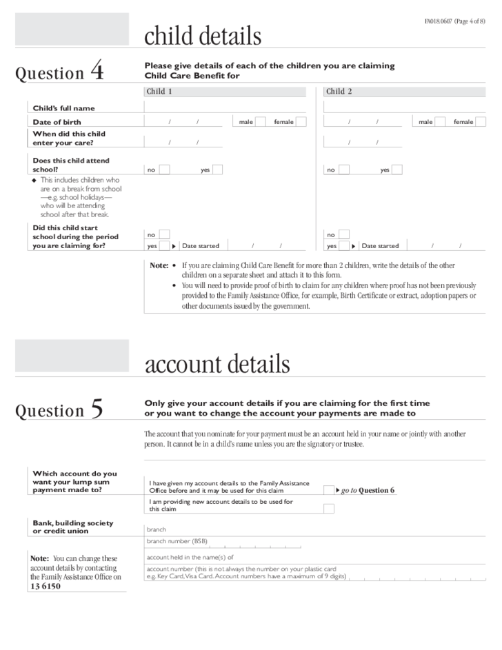 Child Care Benefit Claim Form Notes Australia Free Download